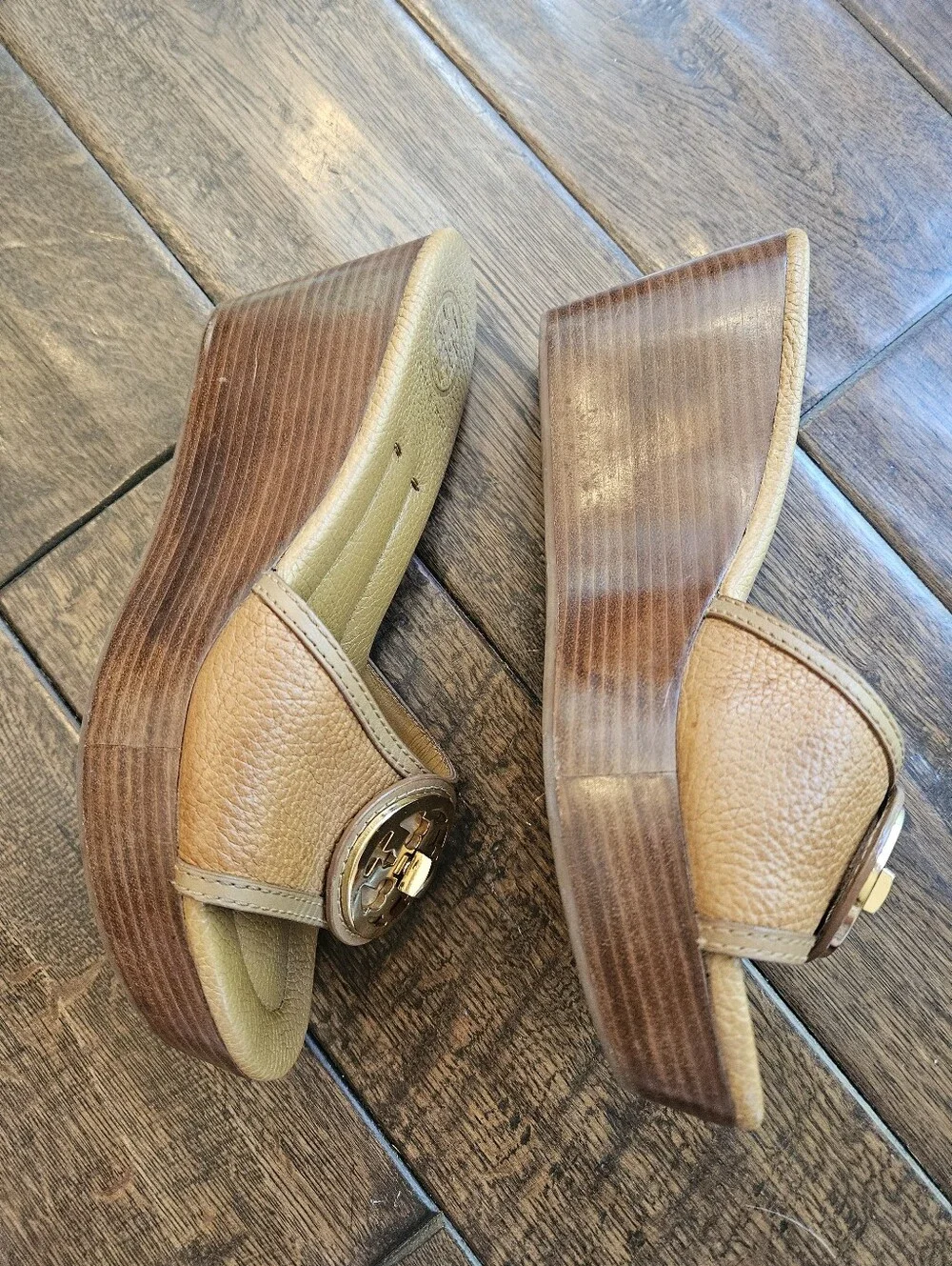 Tory Burch Tan Leather Selma Platform Wedge Sandals Size 8